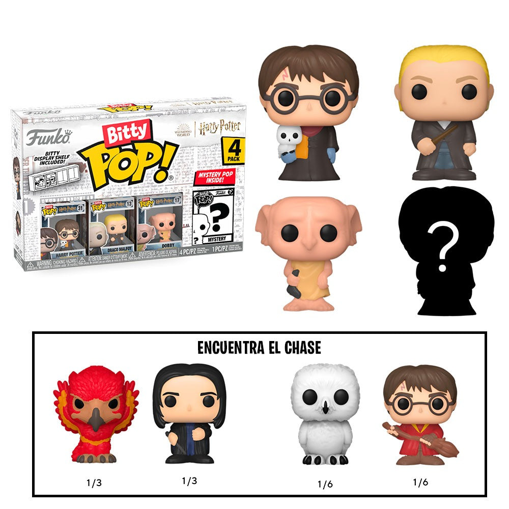 Funko Bitty Pop!: Harry Potter - Pack de 4 Figuras (Harry Potter, Draco Malfoy, Dobby y Sorpresa) - Set de Vinilo Original