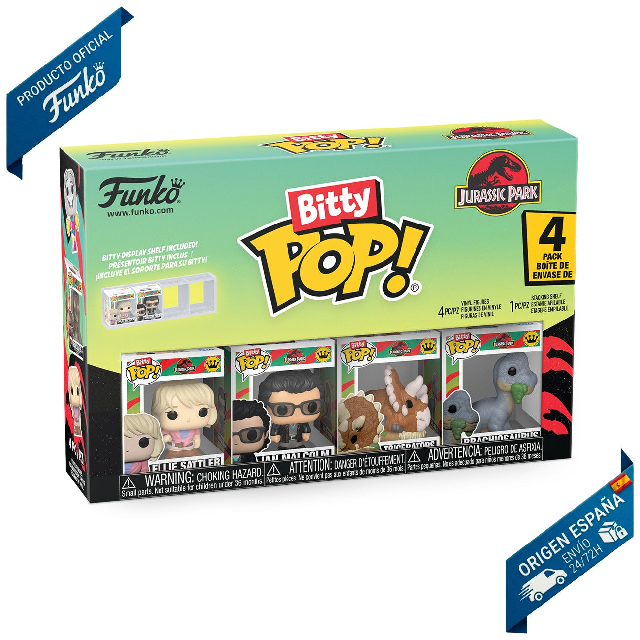 Funko Bitty Pop!: Jurassic Park - Pack de 4 Figuras (Ellie Sattler, Ian Malcolm, Triceratops, Brachiosaurus) - Set de Vinilo Original