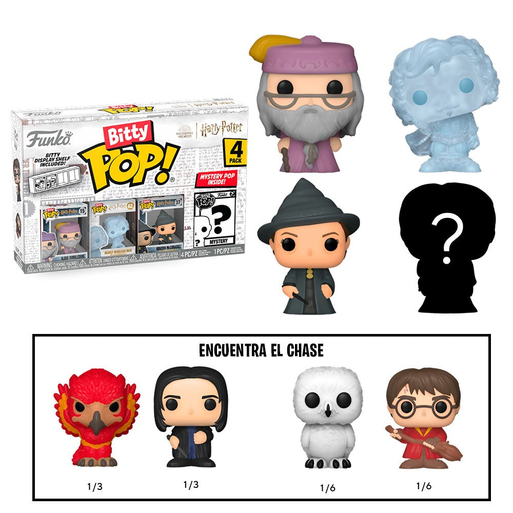 Funko Bitty Pop!: Harry Potter - Pack de 4 Figuras (Albus Dumbledore, Nearly Headless Nick, Minerva McGonagall y Sorpresa) - Set de Vinilo Original