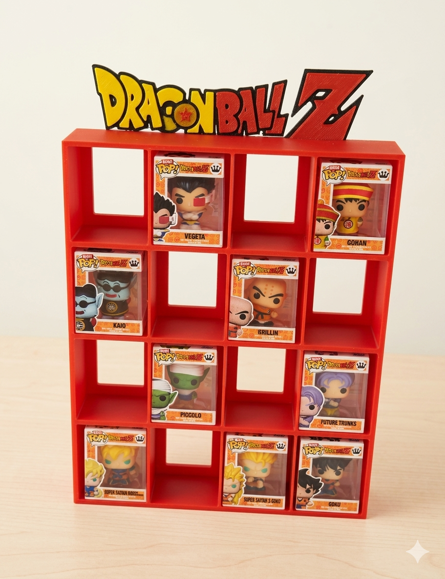 Expositor Dragon Ball para Funko Bitty Pop | Soporte Rojo con Kanji de Goku en 3D | Exhibidor 16 Mini Funkos Anime - Zascalo.com