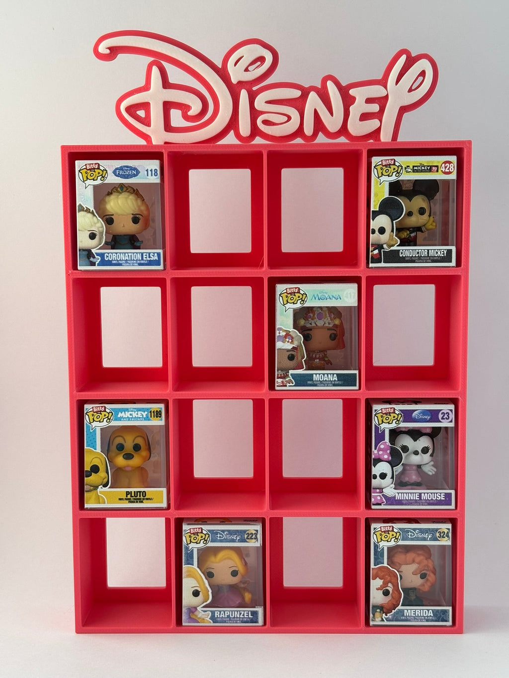 Estantería Disney para Bitty pops de Funko ROSA - soporte para 16 mini funkos Expositor 3D para Mini Funkos | Organizador Coleccionable Disney - Zascalo.com