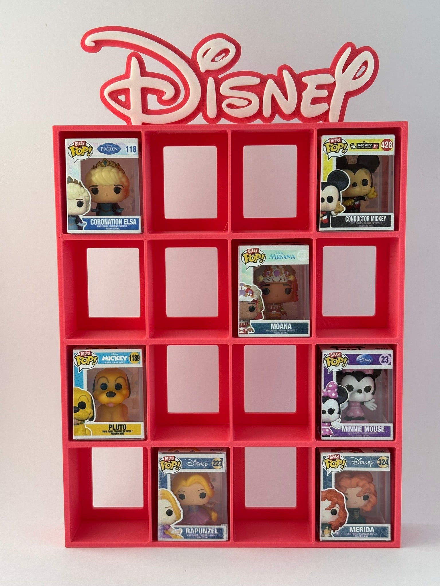 Estantería Disney para Bitty pops de Funko ROSA - soporte para 16 mini funkos Expositor 3D para Mini Funkos | Organizador Coleccionable Disney - Zascalo.com