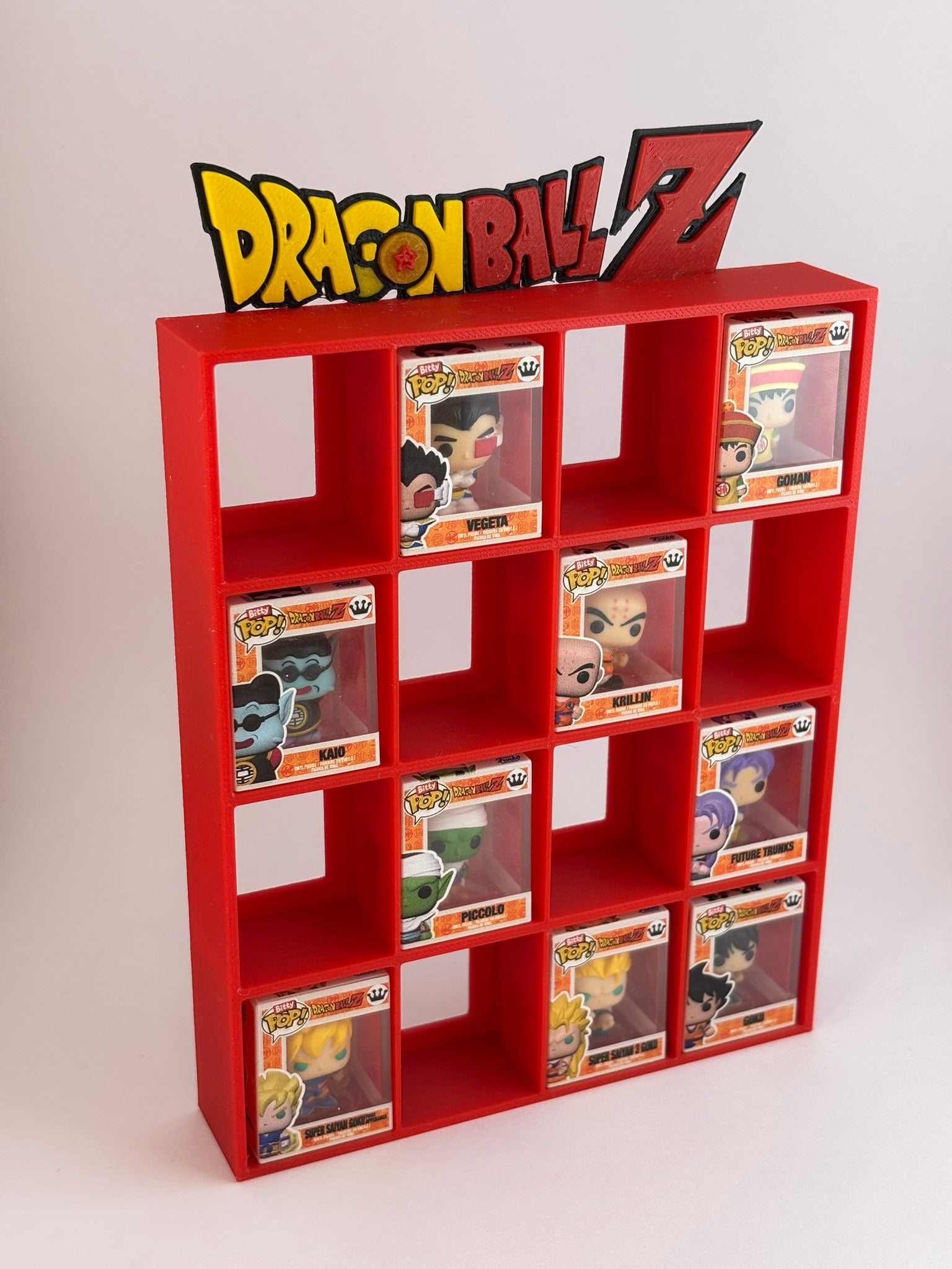 Estantería Dragon Ball para Funko Bitty Pop | Soporte Rojo con Kanji de Goku en 3D | Exhibidor 16 Mini Funkos Anime - Zascalo.com