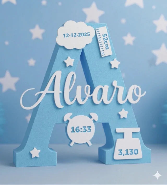 Letra Inicial Personalizada con Datos de Nacimiento 3D – Regalo Natalicio Bebé - Zascalo.com
