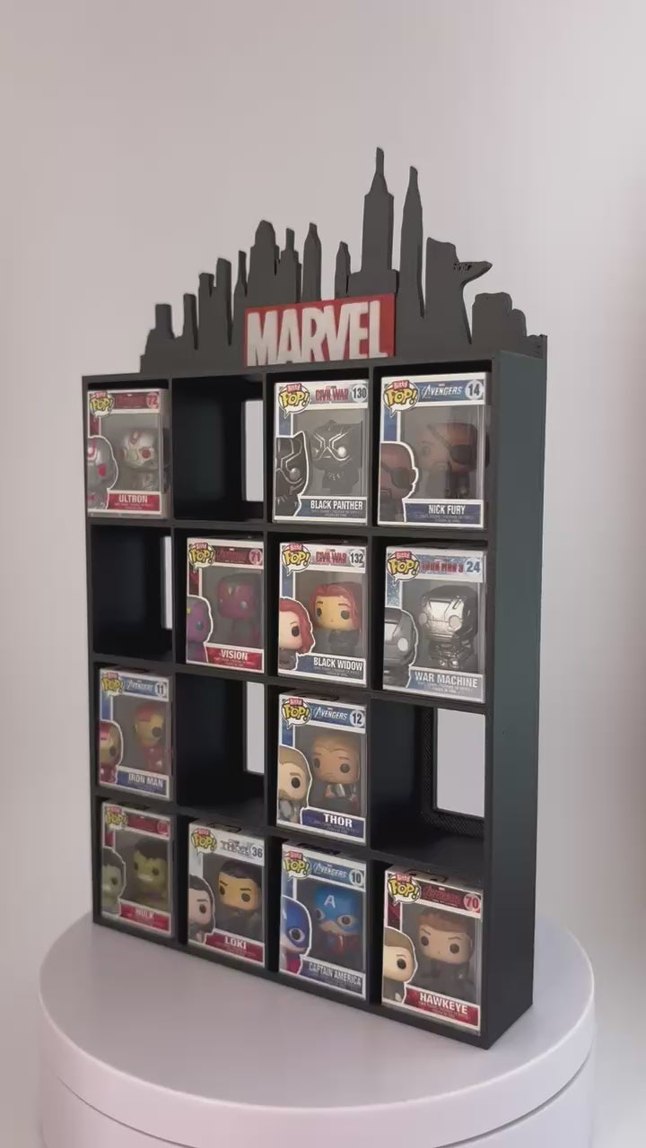 Marvel Funko Pop Shelf | 3D Design with City Silhouette and Red Logo | 16 Mini Funko Display
