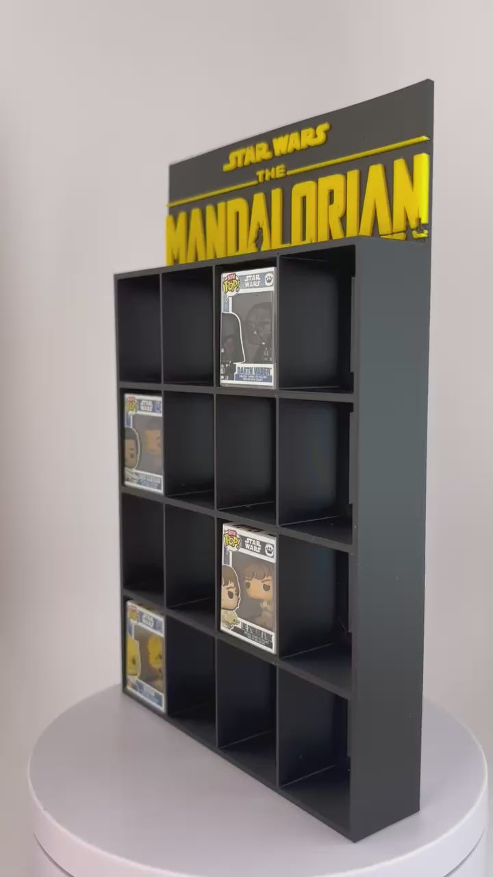 The Mandalorian Shelf for Funko Bitty Pop | Black and Yellow Stand with 3D Logo | Display for 16 Mini Star Wars Funko Pop Figures